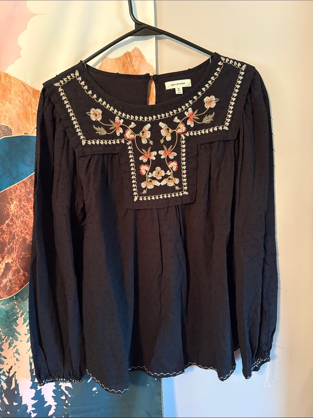 Max Studio Black Embroidered Floral Peasant Blouse